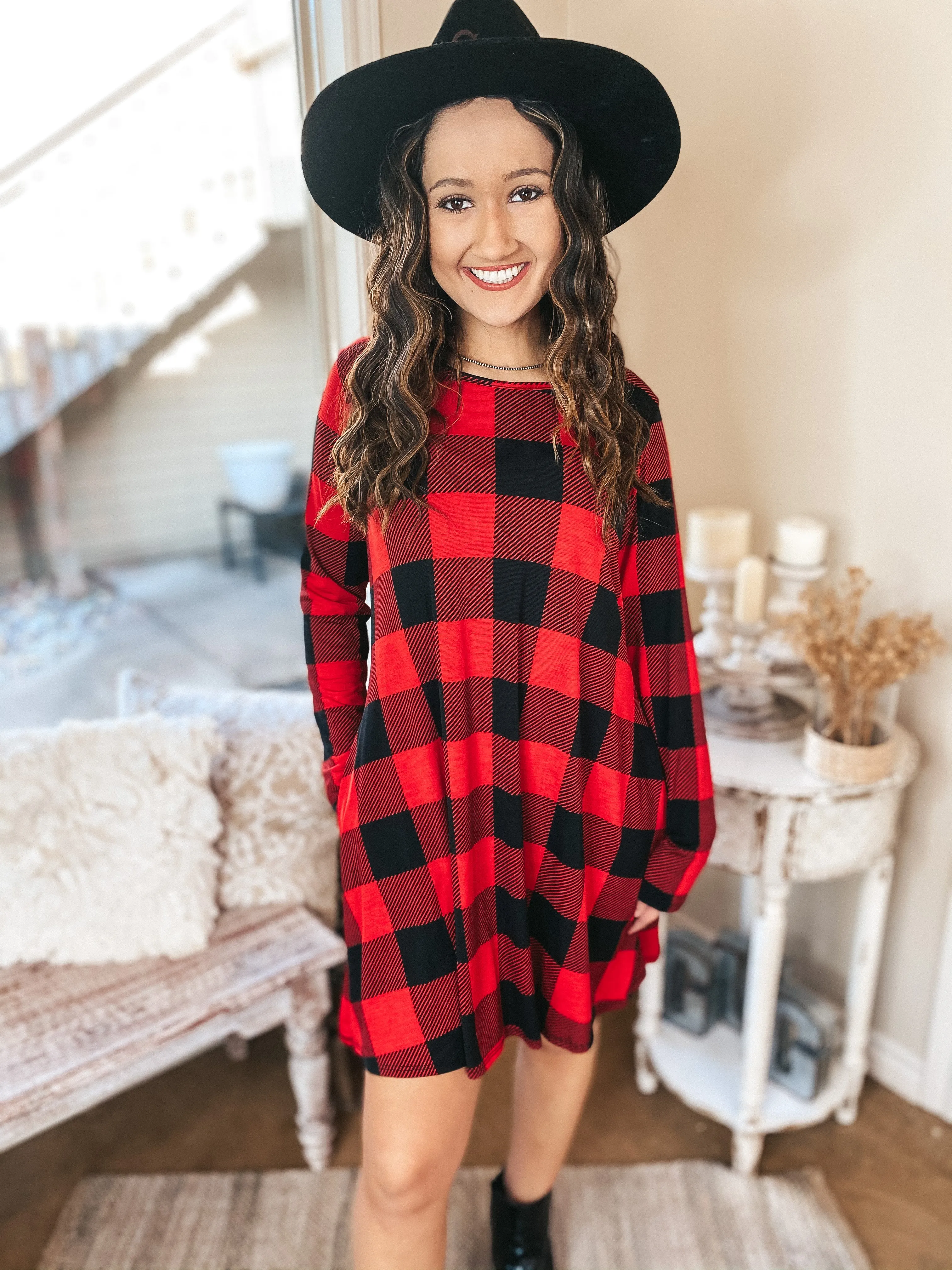 High Spirits Long Sleeve Buffalo Plaid Dress with Pockets in Red