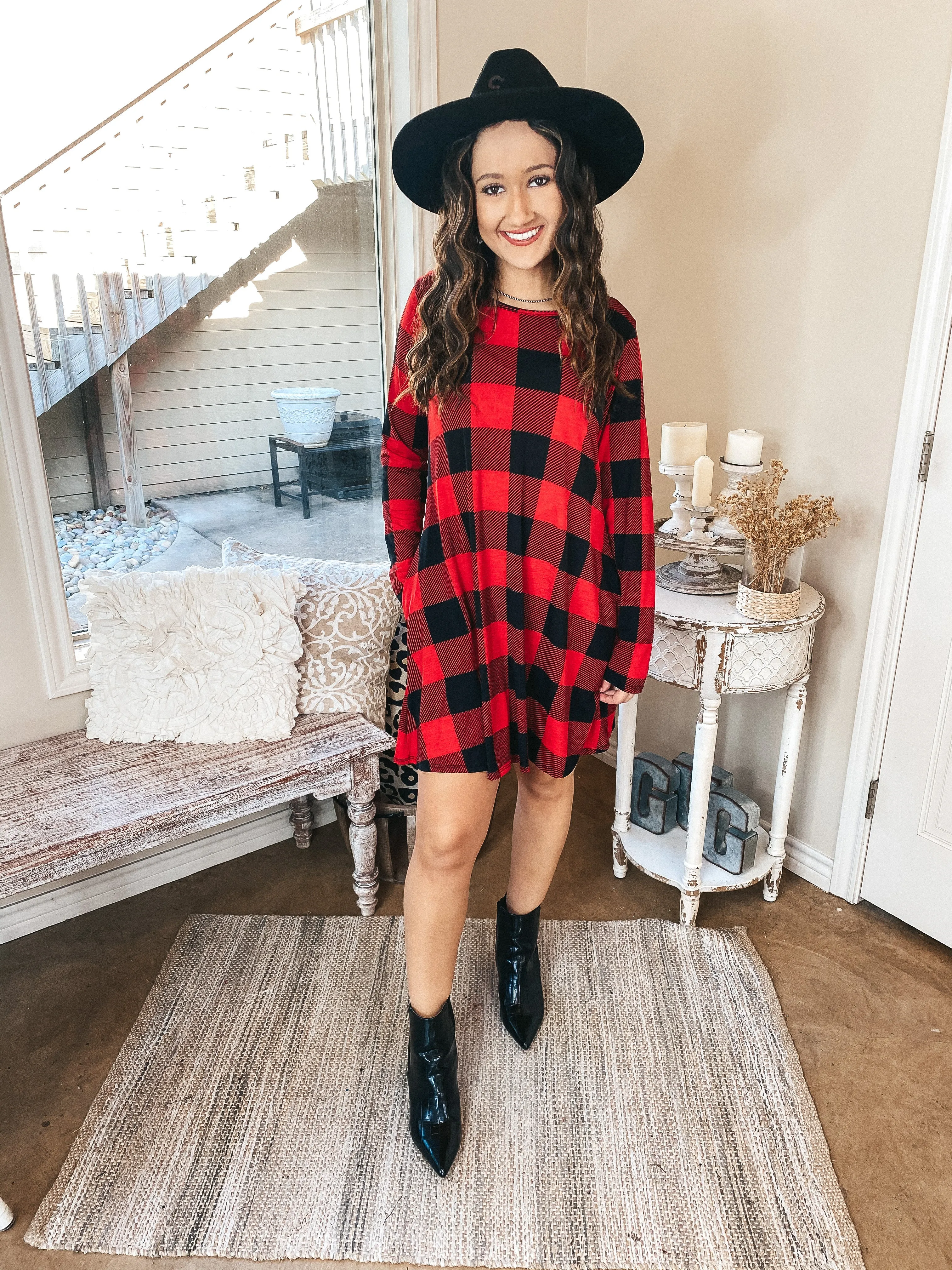 High Spirits Long Sleeve Buffalo Plaid Dress with Pockets in Red