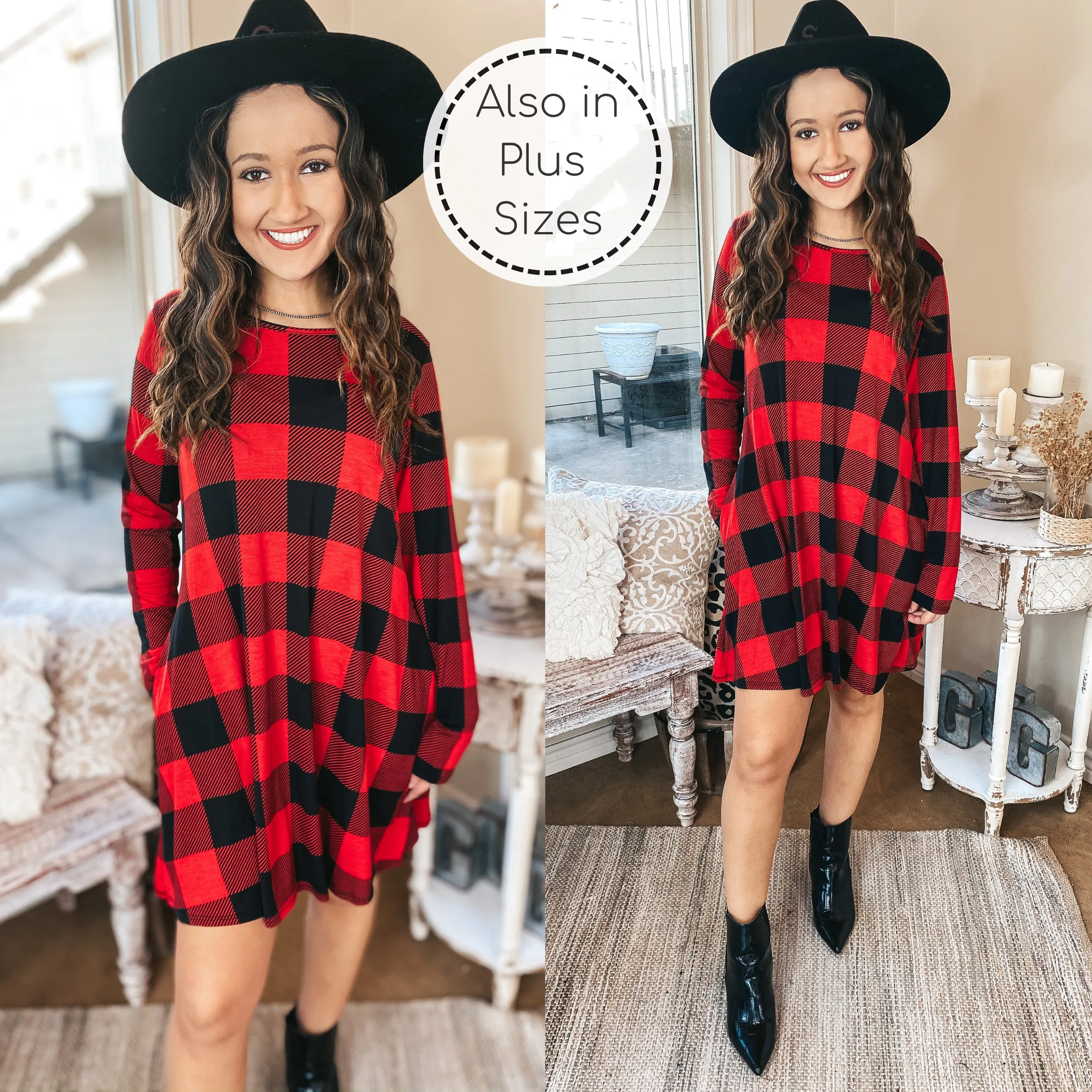 High Spirits Long Sleeve Buffalo Plaid Dress with Pockets in Red