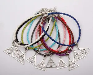 Hot 50pcs/Bag Antique Silver Deathly Hallows Charm Pendant Multi 20 5CM Leather Rope Bracelet Women Jewelry Accessories F729