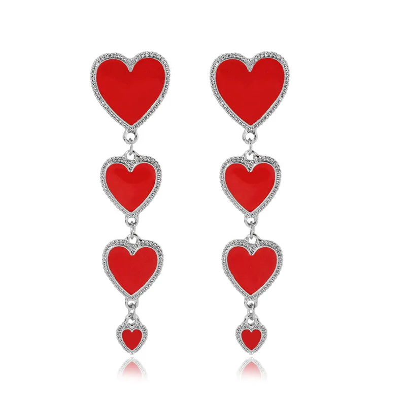 Interlocking Enamel Red Heart Pendant Long Tassel Statement Earrings For Women