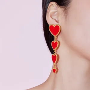 Interlocking Enamel Red Heart Pendant Long Tassel Statement Earrings For Women