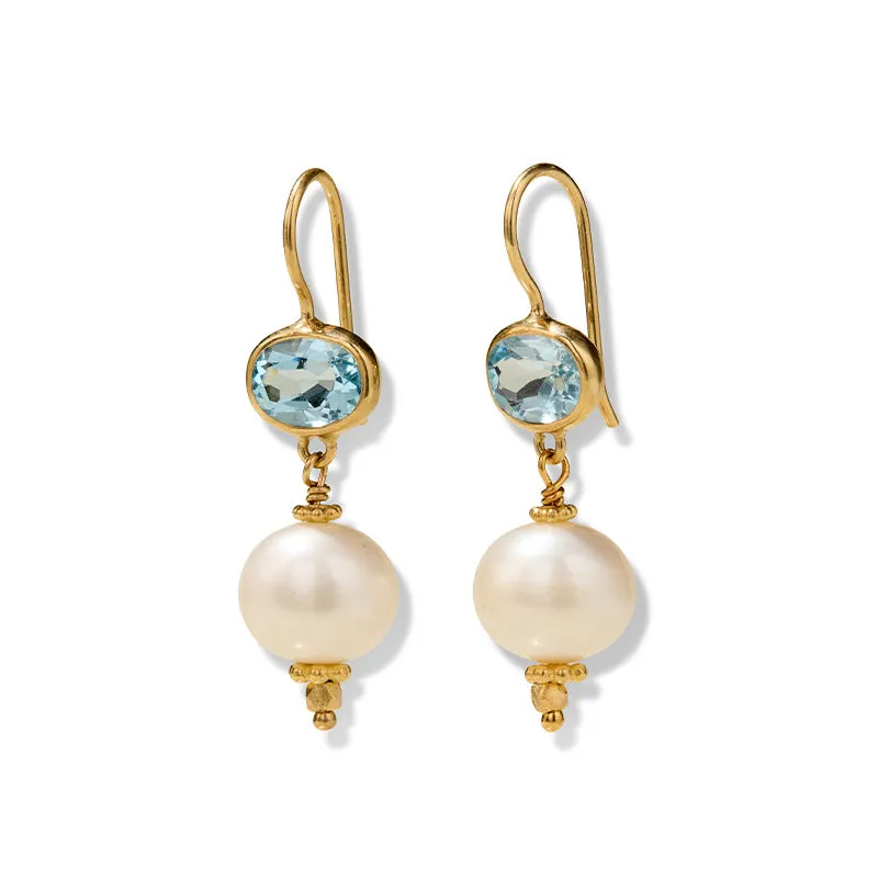 Juno Earring, Blue Topaz, Pearl, Gold