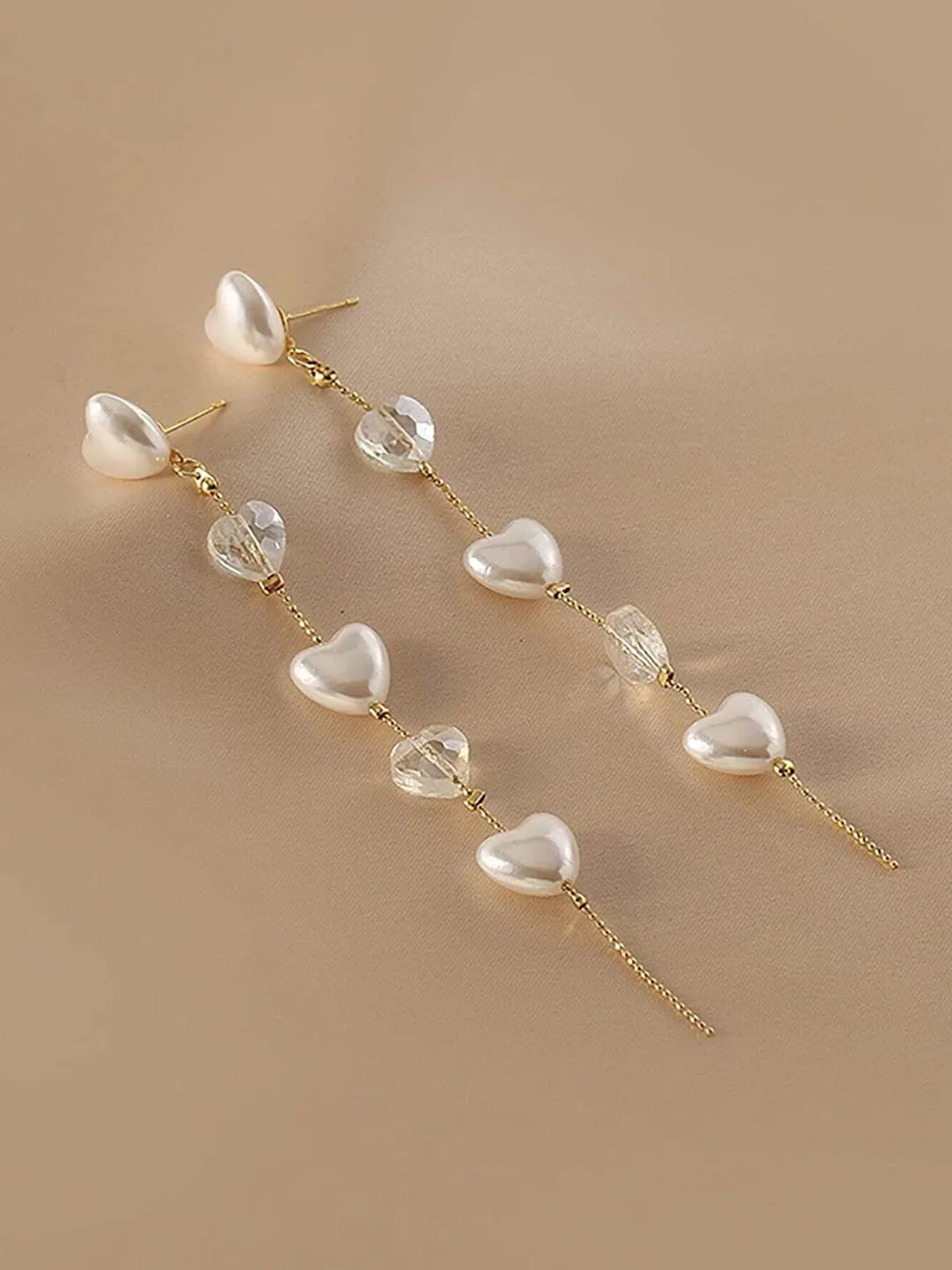 Kairangi Earrings For Women Gold Tone Hearts Pearl and Stone Attached Long Chain Drop Dangler Earrings For Women and Girls