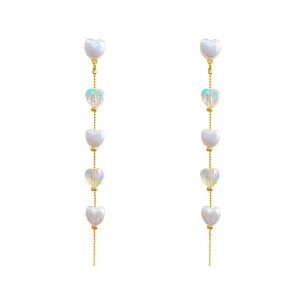 Kairangi Earrings For Women Gold Tone Hearts Pearl and Stone Attached Long Chain Drop Dangler Earrings For Women and Girls