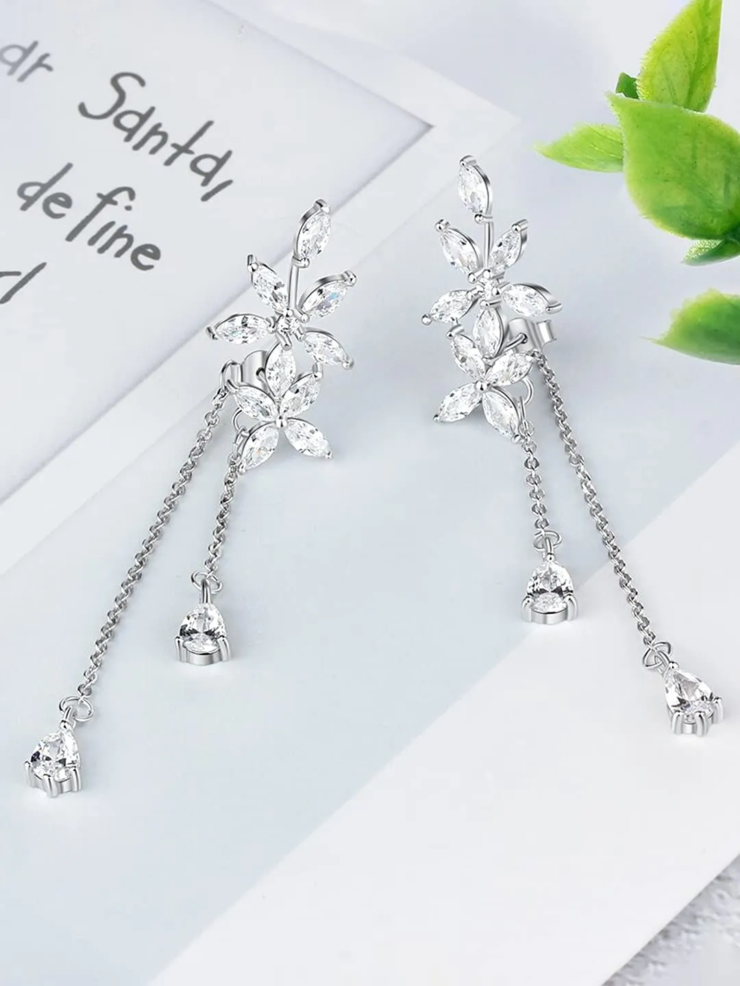 Kairangi Earrings For Women Sparkling Crystal Studded Silver Toned Back Drop Dangle Earrings For Women and Girls