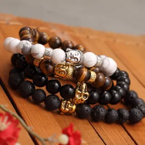 Kittenup Fashion Men's Bracelet Gold Color Silver Color Buddha skull Elastic Black  Beaded Tibet Charm Lucky bracelets for women