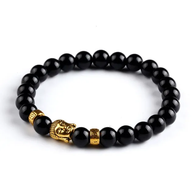 Kittenup Fashion Men's Bracelet Gold Color Silver Color Buddha skull Elastic Black  Beaded Tibet Charm Lucky bracelets for women