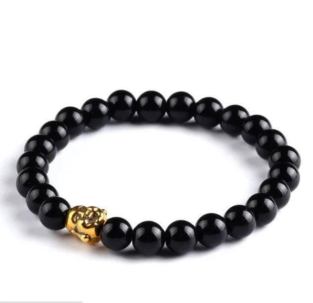 Kittenup Fashion Men's Bracelet Gold Color Silver Color Buddha skull Elastic Black  Beaded Tibet Charm Lucky bracelets for women