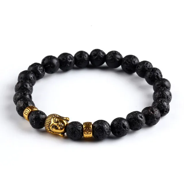 Kittenup Fashion Men's Bracelet Gold Color Silver Color Buddha skull Elastic Black  Beaded Tibet Charm Lucky bracelets for women