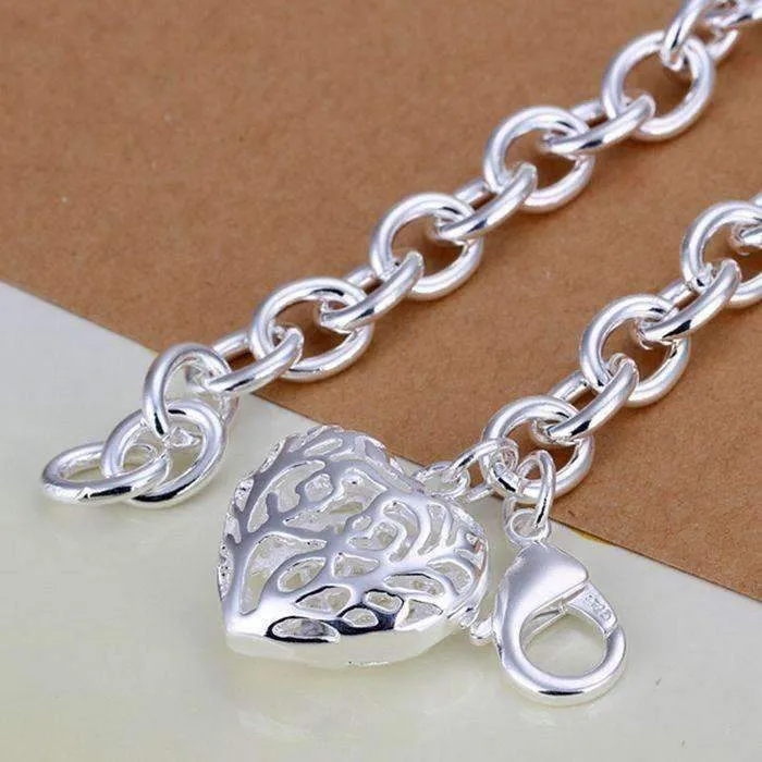 Large Fancy Scroll Puffed Heart Charm Bold Lobster Clasp Bracelet for Women