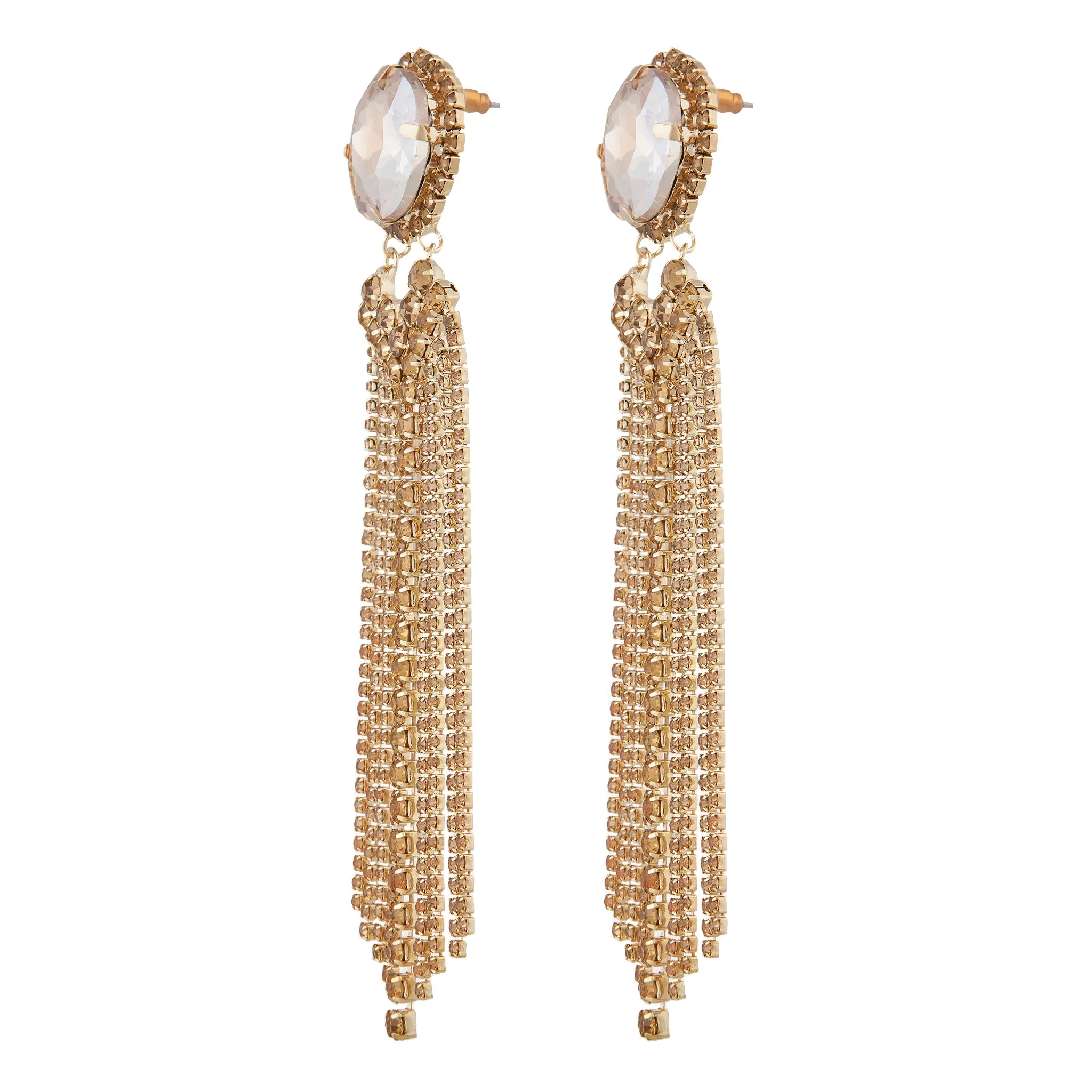 Large Glass Stone With Gold Diamante Tassels Earrings