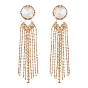 Large Glass Stone With Gold Diamante Tassels Earrings