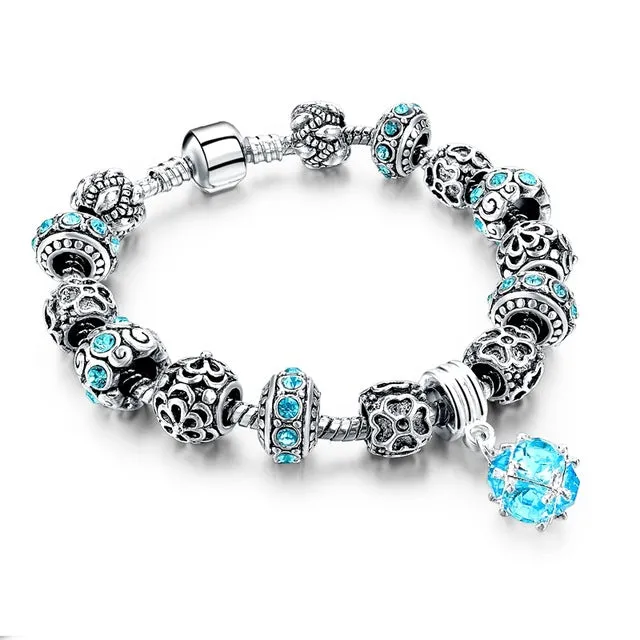 LongWay European Style Authentic Tibetan Silver Blue Crystal Charm Bracelet for Women Original DIY Beads Jewelry Christmas Gift