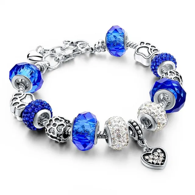 LongWay European Style Authentic Tibetan Silver Blue Crystal Charm Bracelet for Women Original DIY Beads Jewelry Christmas Gift