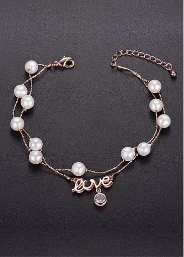 Love with Zircon and Faux Pearls, Rose Gold Gold Plated Layered Bracelet