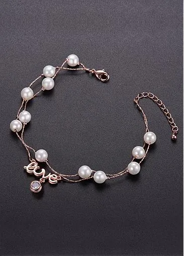 Love with Zircon and Faux Pearls, Rose Gold Gold Plated Layered Bracelet