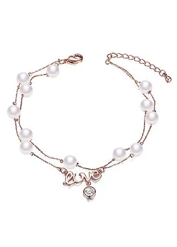 Love with Zircon and Faux Pearls, Rose Gold Gold Plated Layered Bracelet