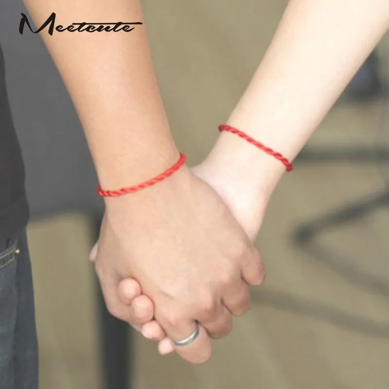 Meetcute 2 Pcs Hand Braided Chinese Red Simple Style Lucky String Rope Cord Woman'Bracelet For Woman Man