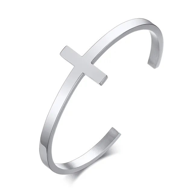 Mens Minimalist Stainless Steel Cuff Bracelet with Cross