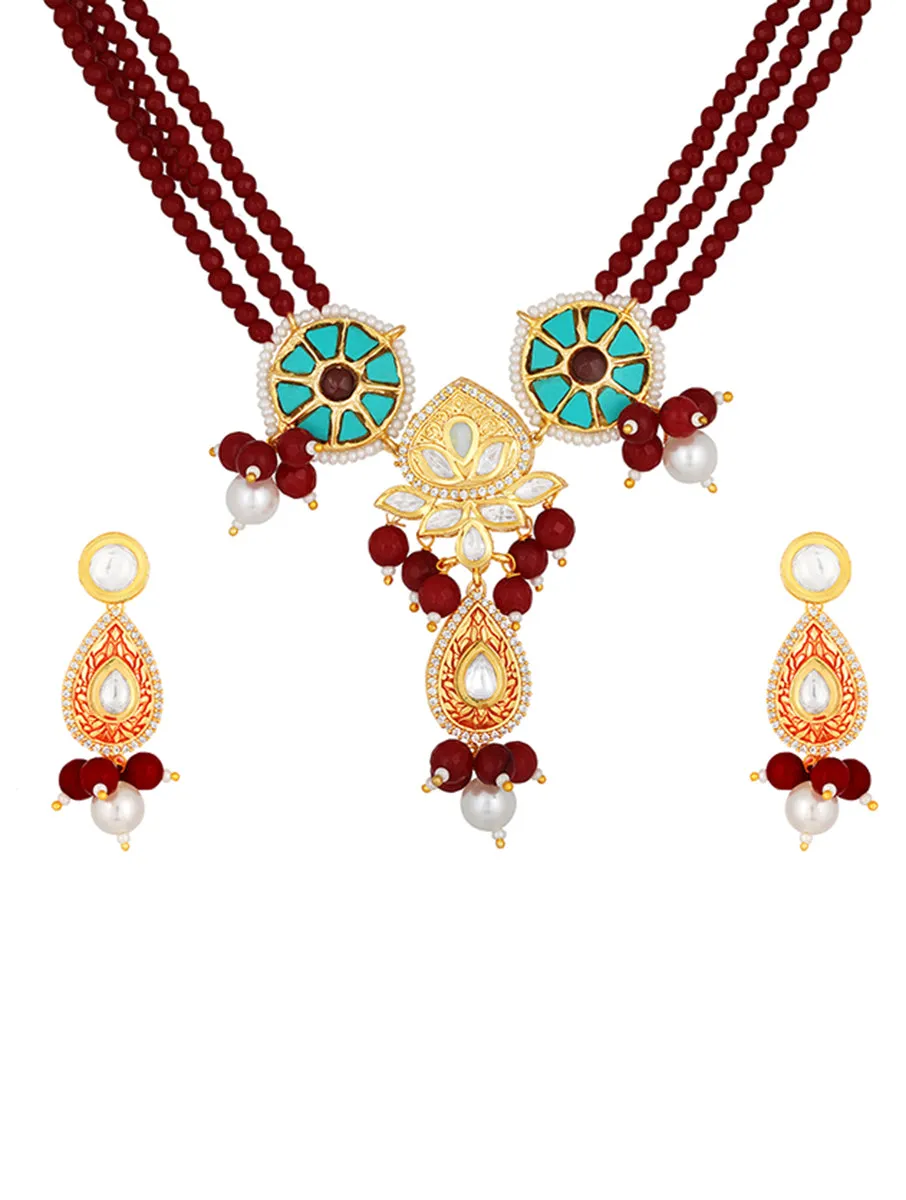 Micron gold polished brass, Agates, Kundan Polki, Hand-Paint Meen Necklace Set