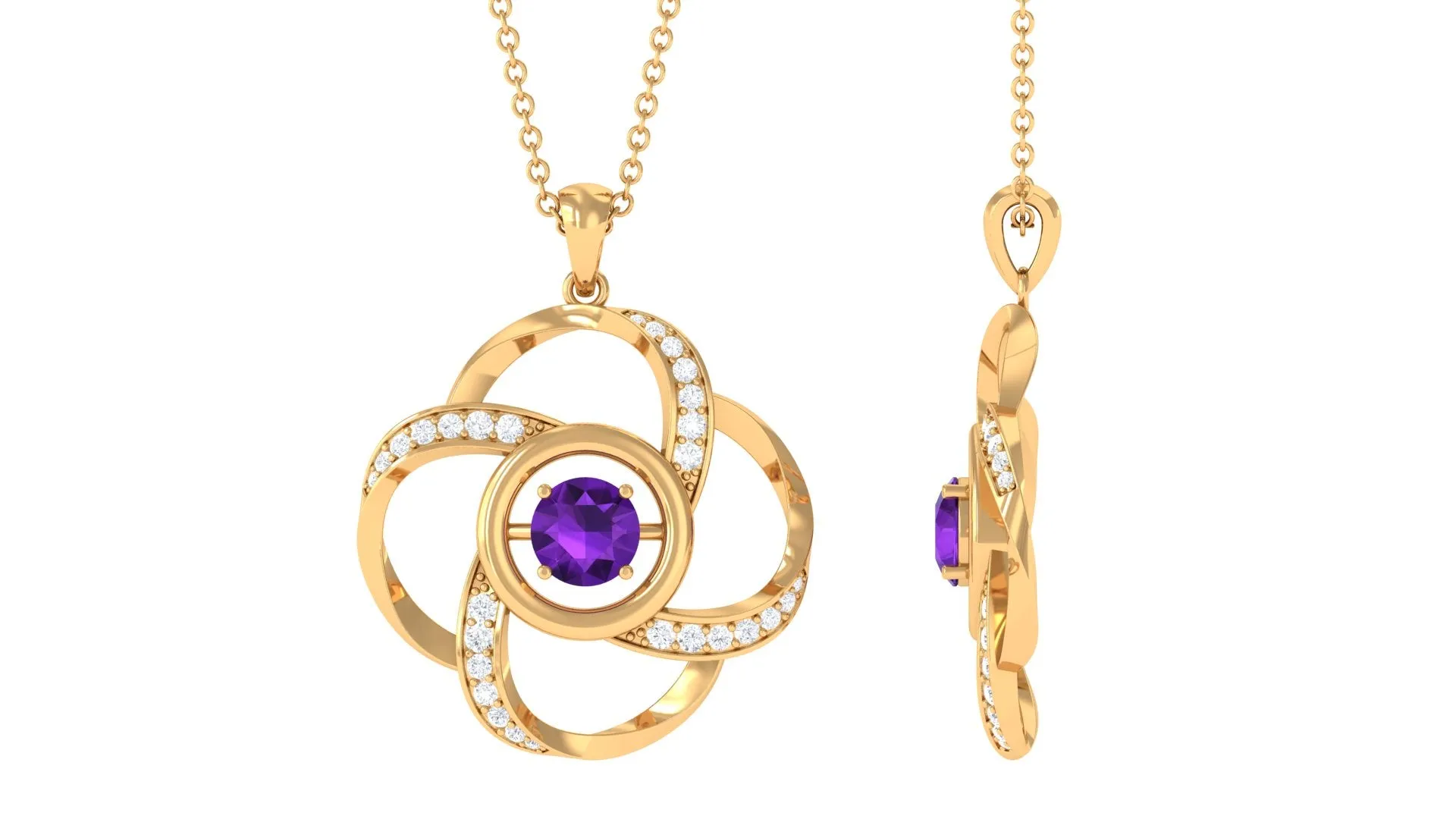 Modern Flower Pendant with Round Amethyst and Diamond