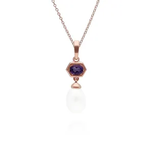 Moderne Perle & Amethyst Tropfen Anhänger in Rose Vergoldetem Sterling Silber