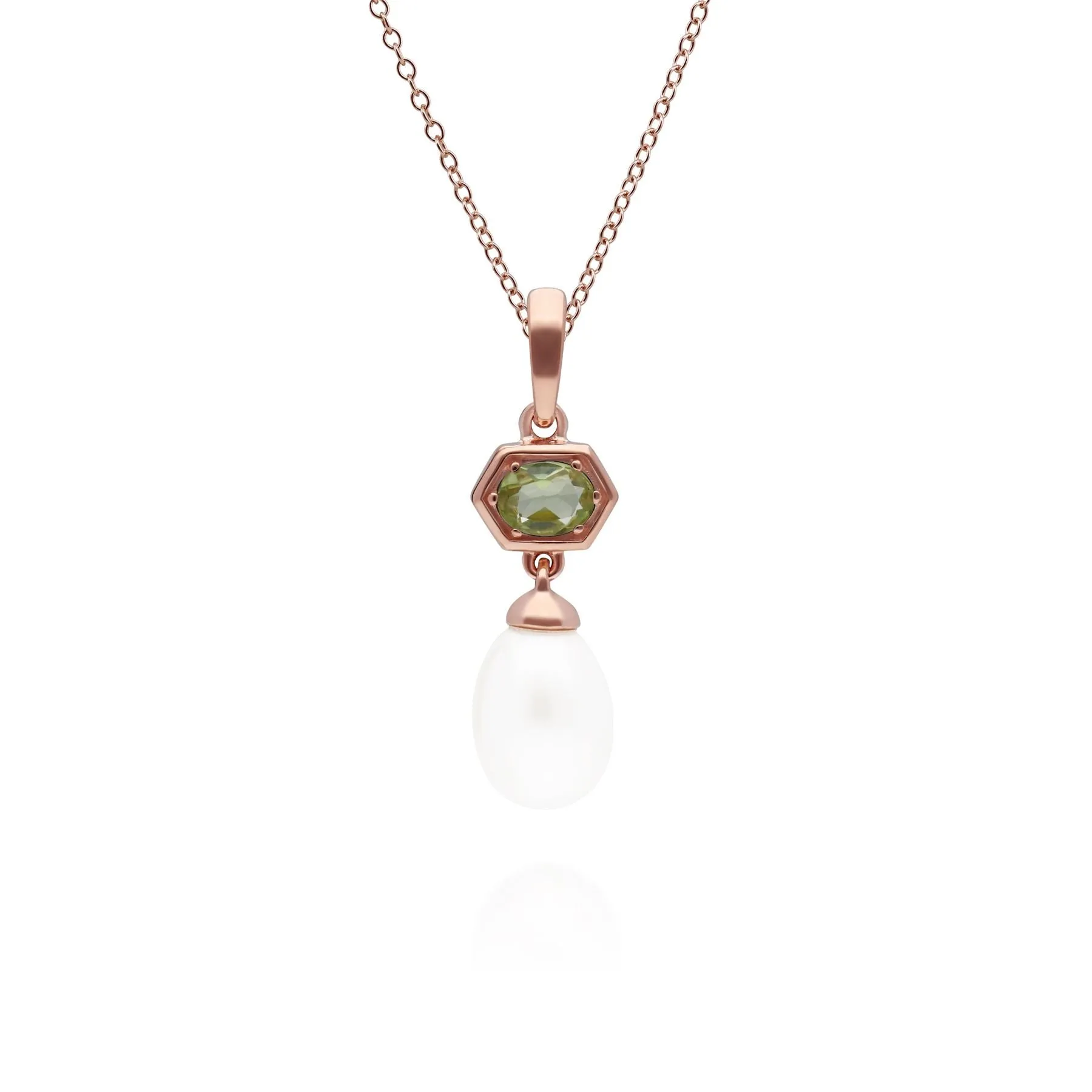 Moderne Perle & Peridot Hexagon Tropfen Anhänger in Rose Vergoldetem Sterling Silber