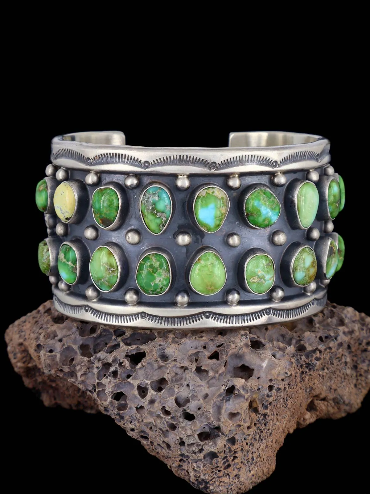 Navajo Sonoran Gold Turquoise Row Sterling Silver Cuff Bracelet