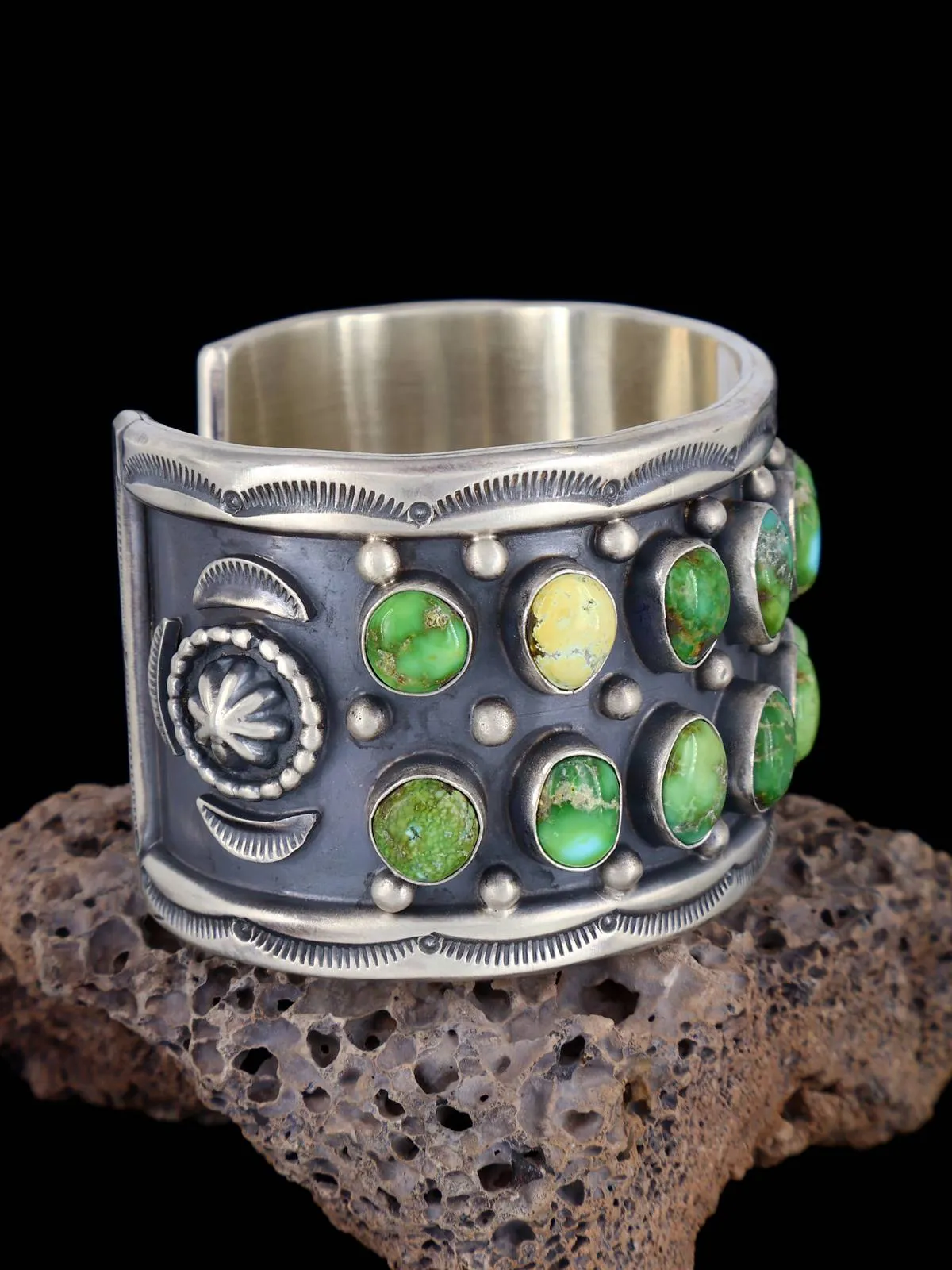 Navajo Sonoran Gold Turquoise Row Sterling Silver Cuff Bracelet