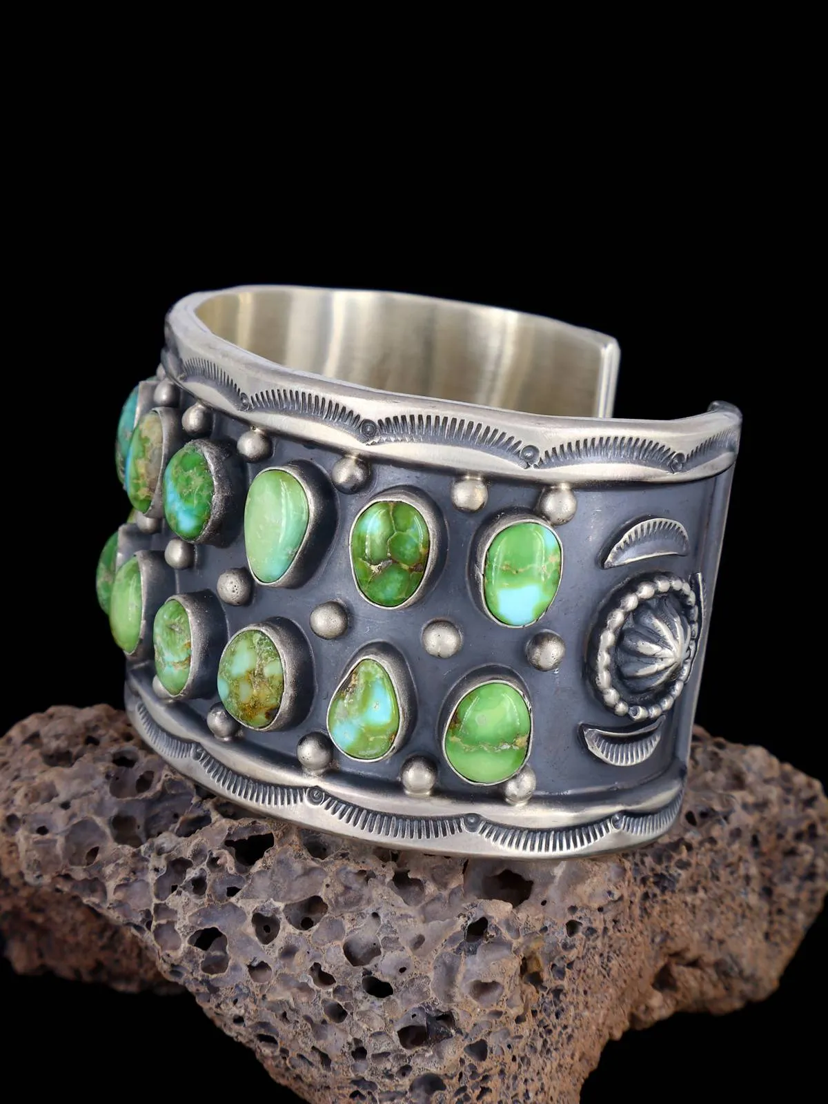 Navajo Sonoran Gold Turquoise Row Sterling Silver Cuff Bracelet