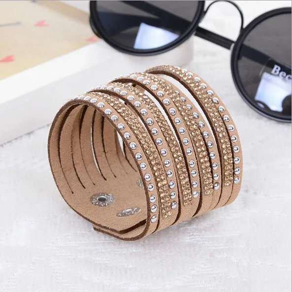 New Womens Simple Cuff Leather Girls Crystal Wrap Punk Bangle Rhinestone Bracelet Jewelry Gift Party