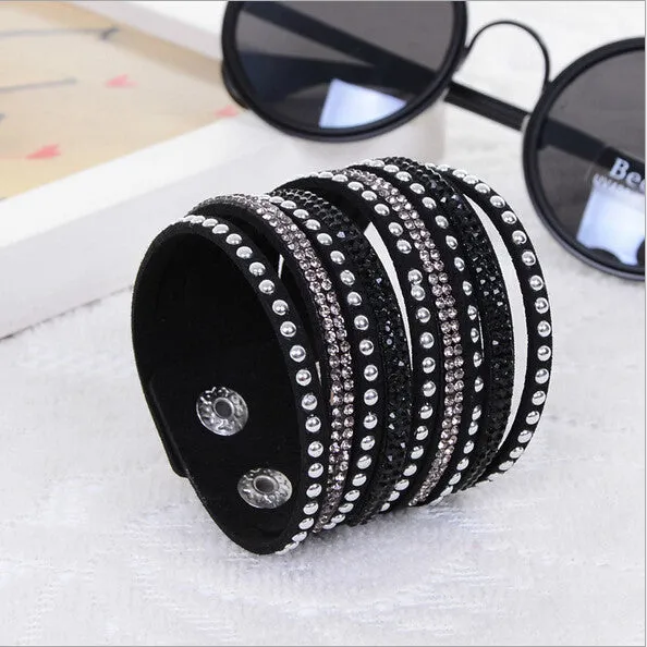 New Womens Simple Cuff Leather Girls Crystal Wrap Punk Bangle Rhinestone Bracelet Jewelry Gift Party