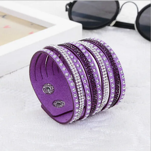 New Womens Simple Cuff Leather Girls Crystal Wrap Punk Bangle Rhinestone Bracelet Jewelry Gift Party