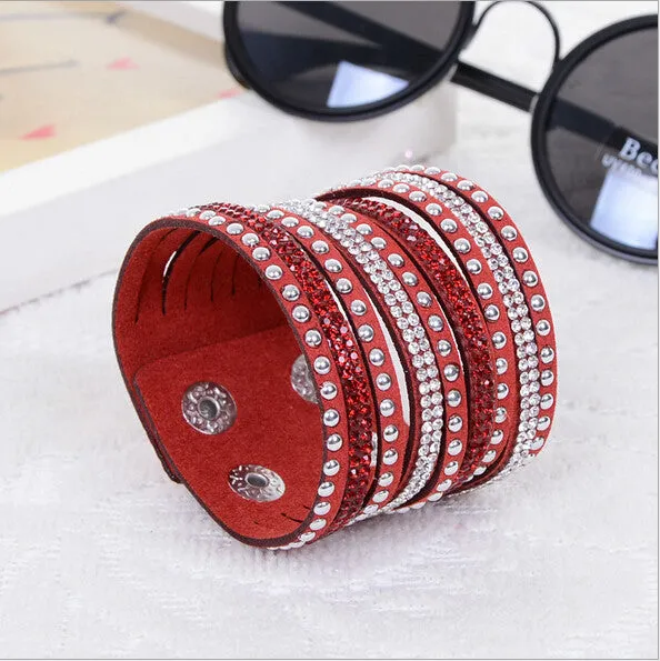 New Womens Simple Cuff Leather Girls Crystal Wrap Punk Bangle Rhinestone Bracelet Jewelry Gift Party