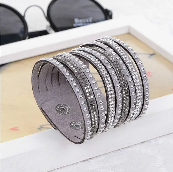 New Womens Simple Cuff Leather Girls Crystal Wrap Punk Bangle Rhinestone Bracelet Jewelry Gift Party