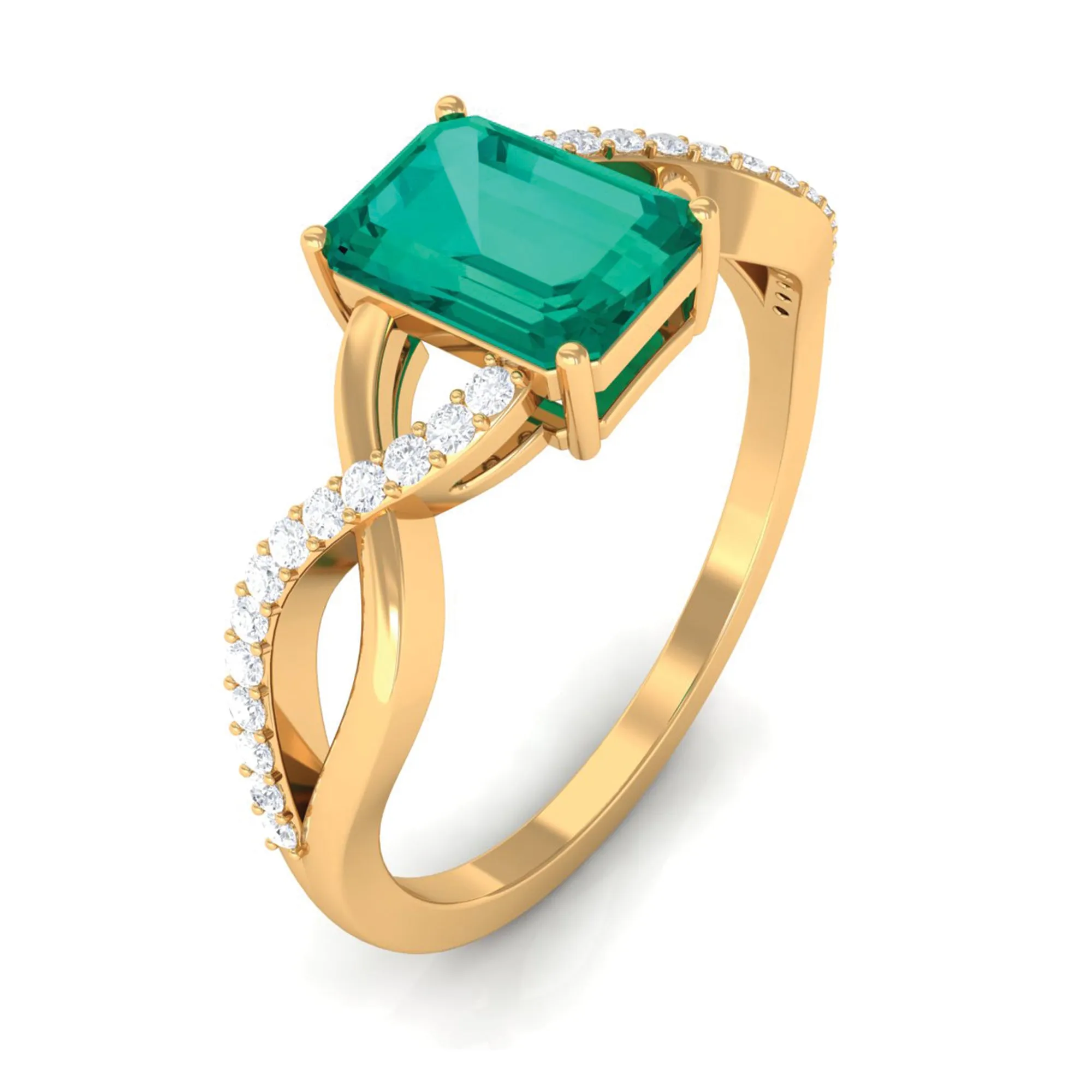 Octagon shape Emerald and Diamond Crossover Engagement Ring