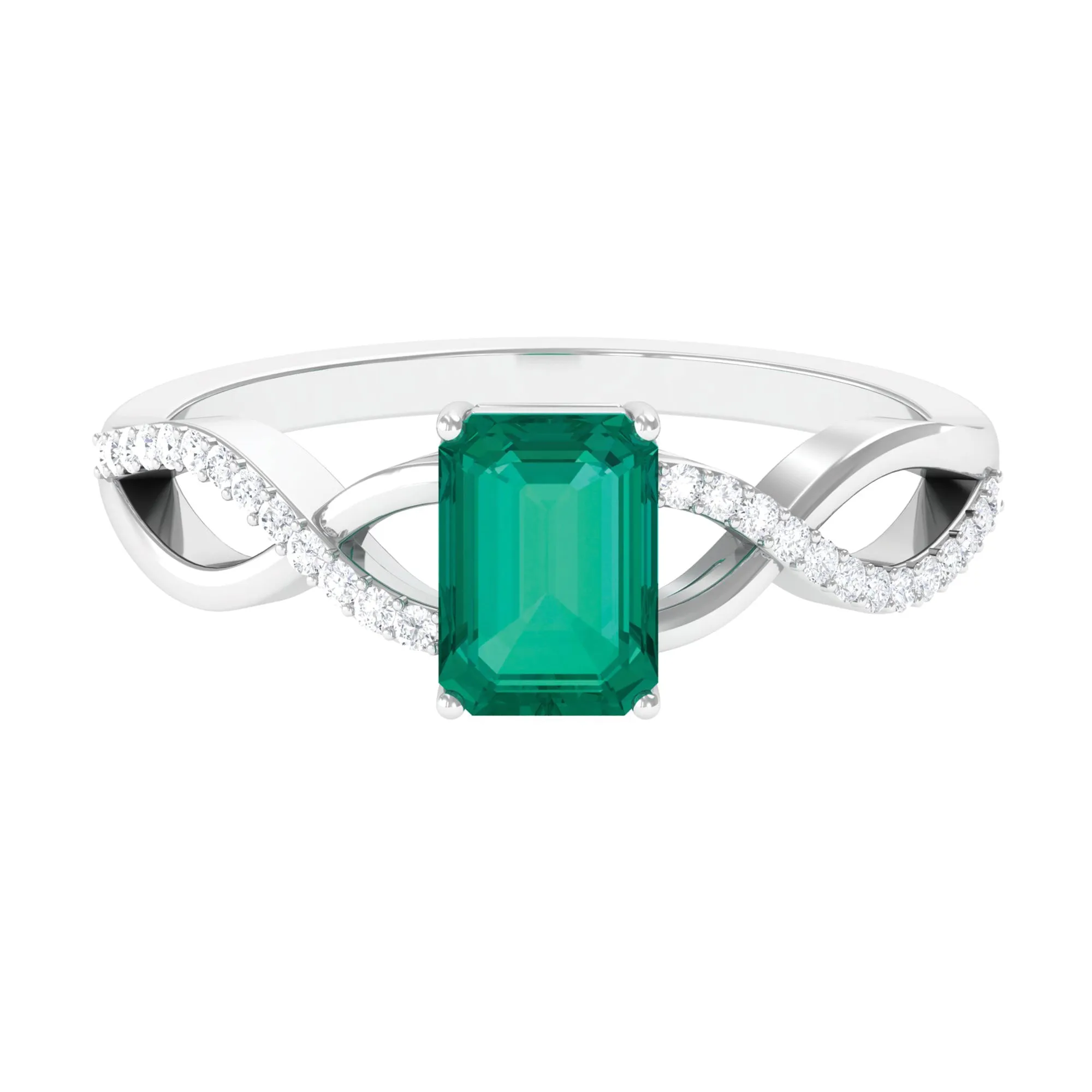 Octagon shape Emerald and Diamond Crossover Engagement Ring