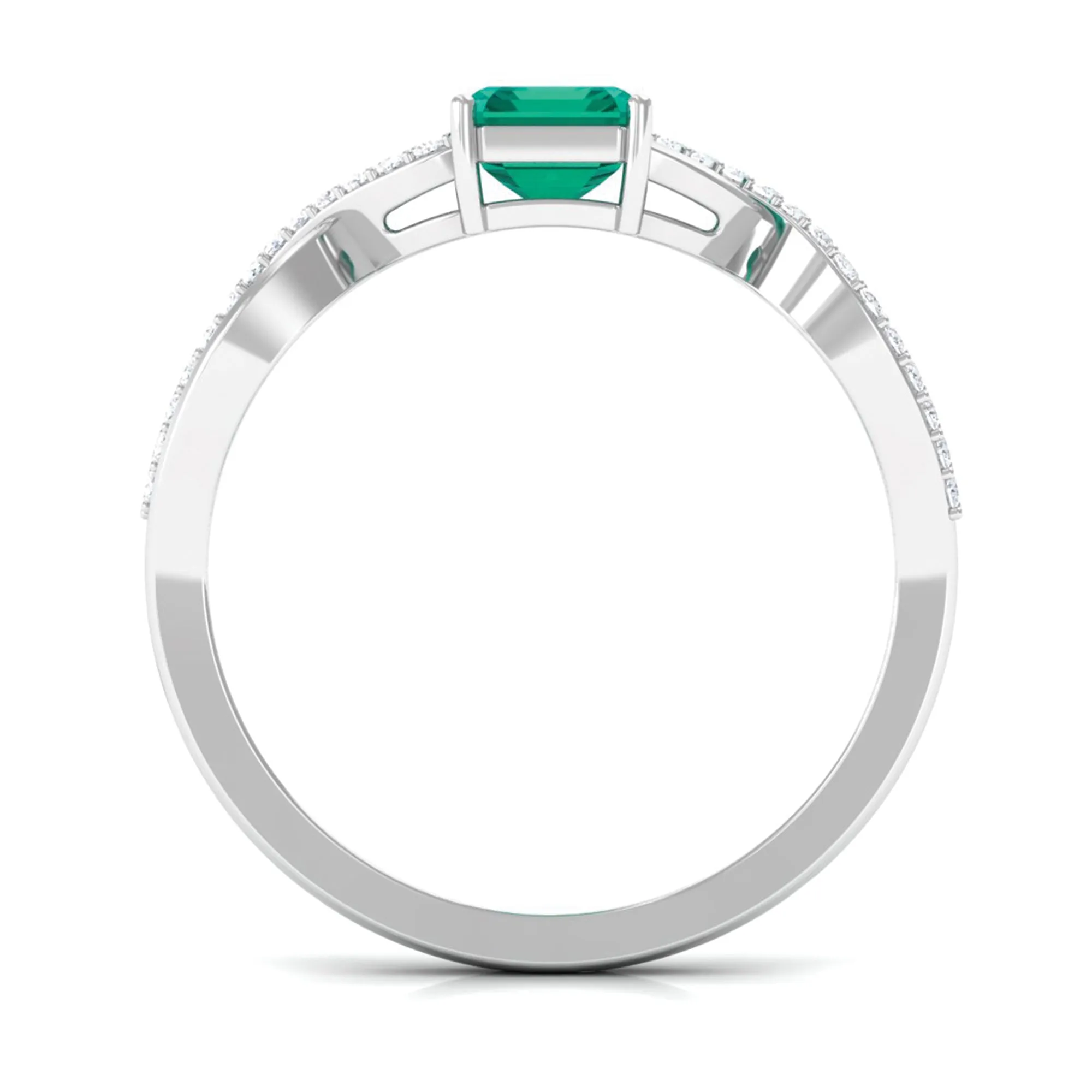 Octagon shape Emerald and Diamond Crossover Engagement Ring