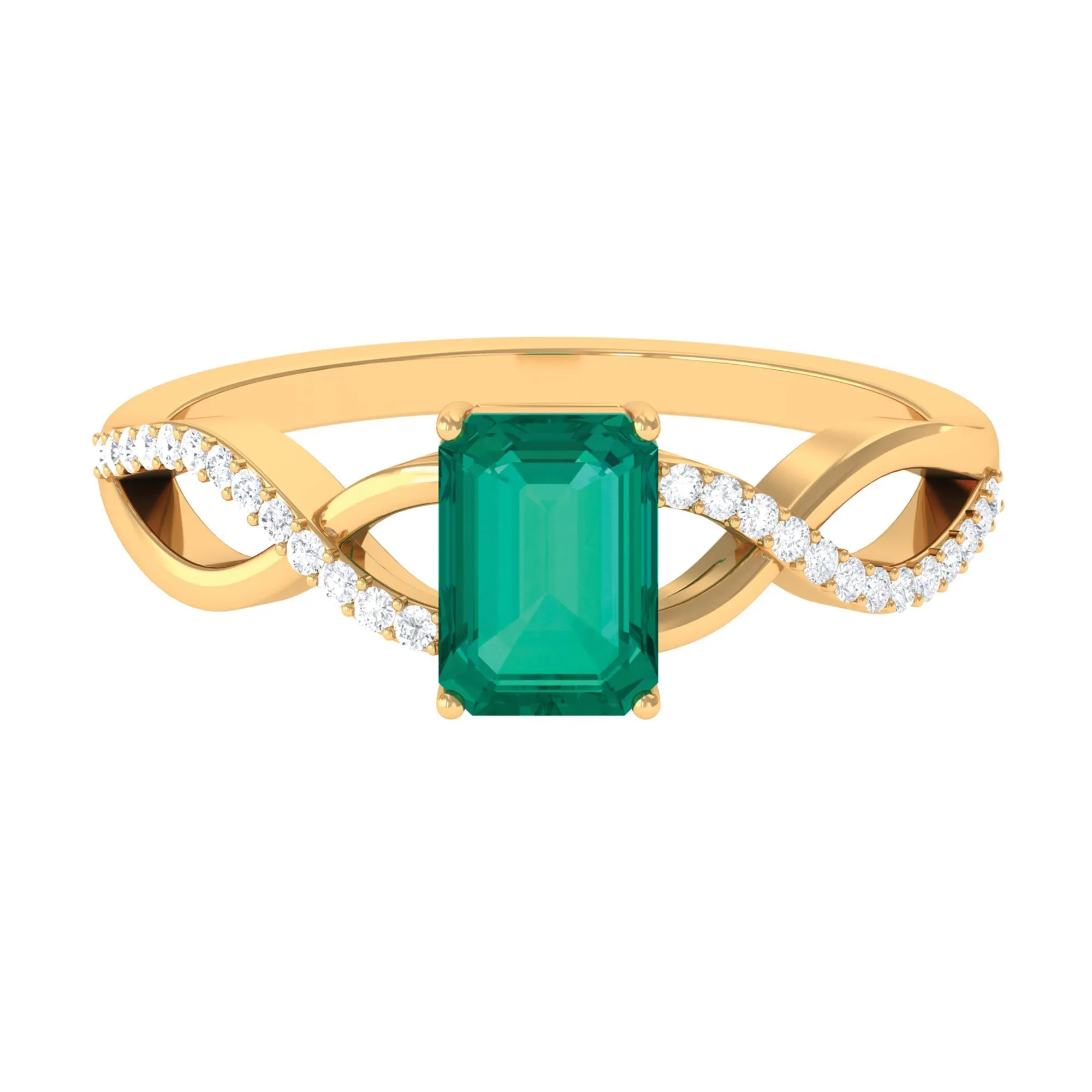 Octagon shape Emerald and Diamond Crossover Engagement Ring