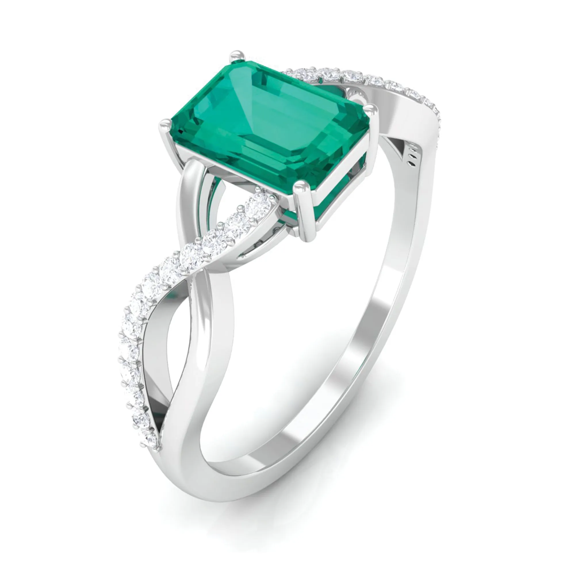 Octagon shape Emerald and Diamond Crossover Engagement Ring