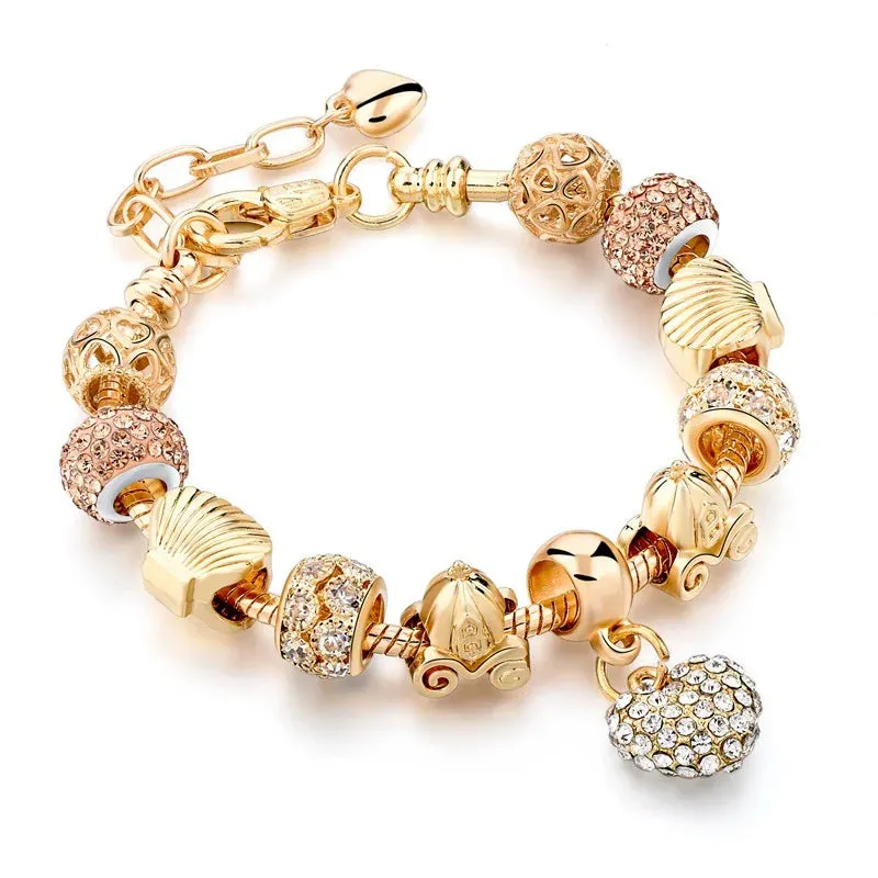 Pandora Gold Color Beads Handmade Adjustable Shine Crystal Bracelet for Women