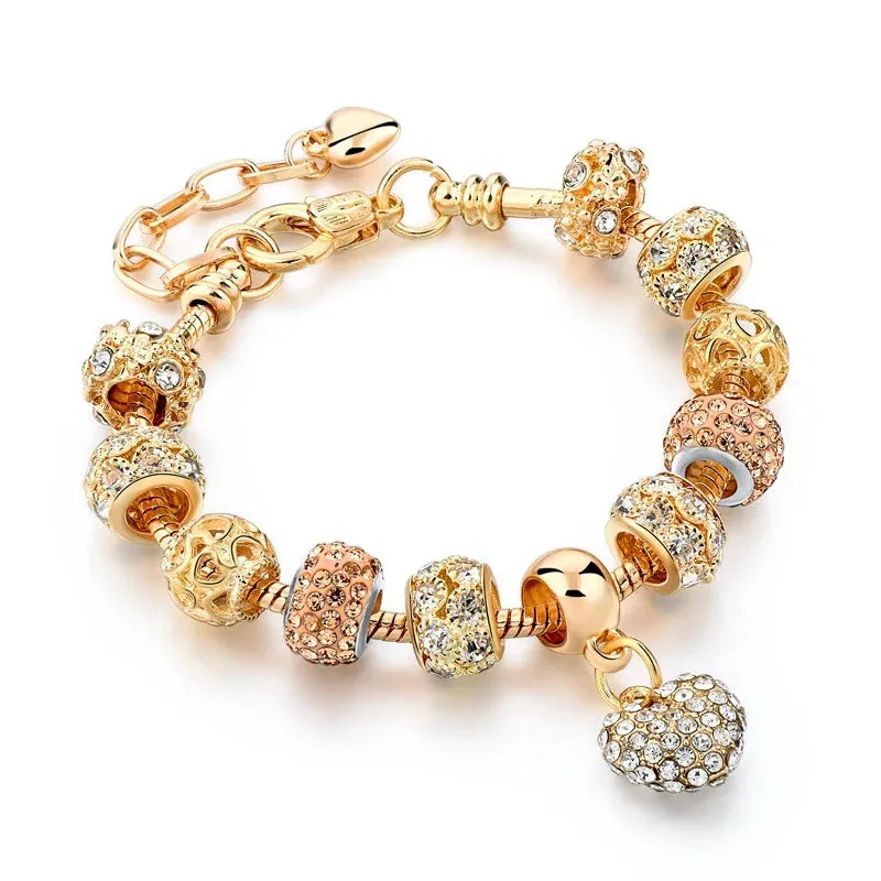 Pandora Gold Color Beads Handmade Adjustable Shine Crystal Bracelet for Women