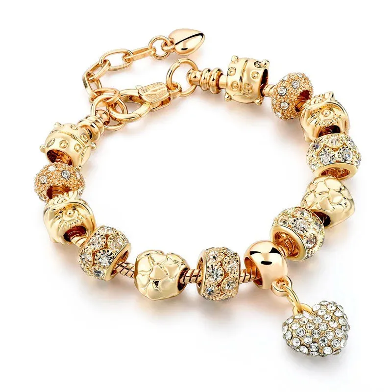 Pandora Gold Color Beads Handmade Adjustable Shine Crystal Bracelet for Women