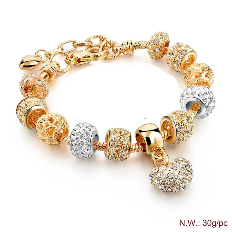 Pandora Gold Color Beads Handmade Adjustable Shine Crystal Bracelet for Women