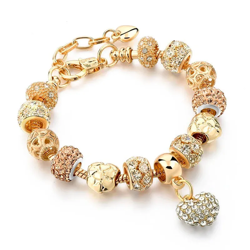 Pandora Gold Color Beads Handmade Adjustable Shine Crystal Bracelet for Women