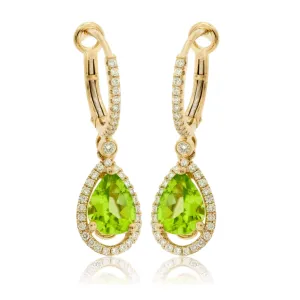 Pear Shaped Peridot & Diamond Halo Drop Earrings