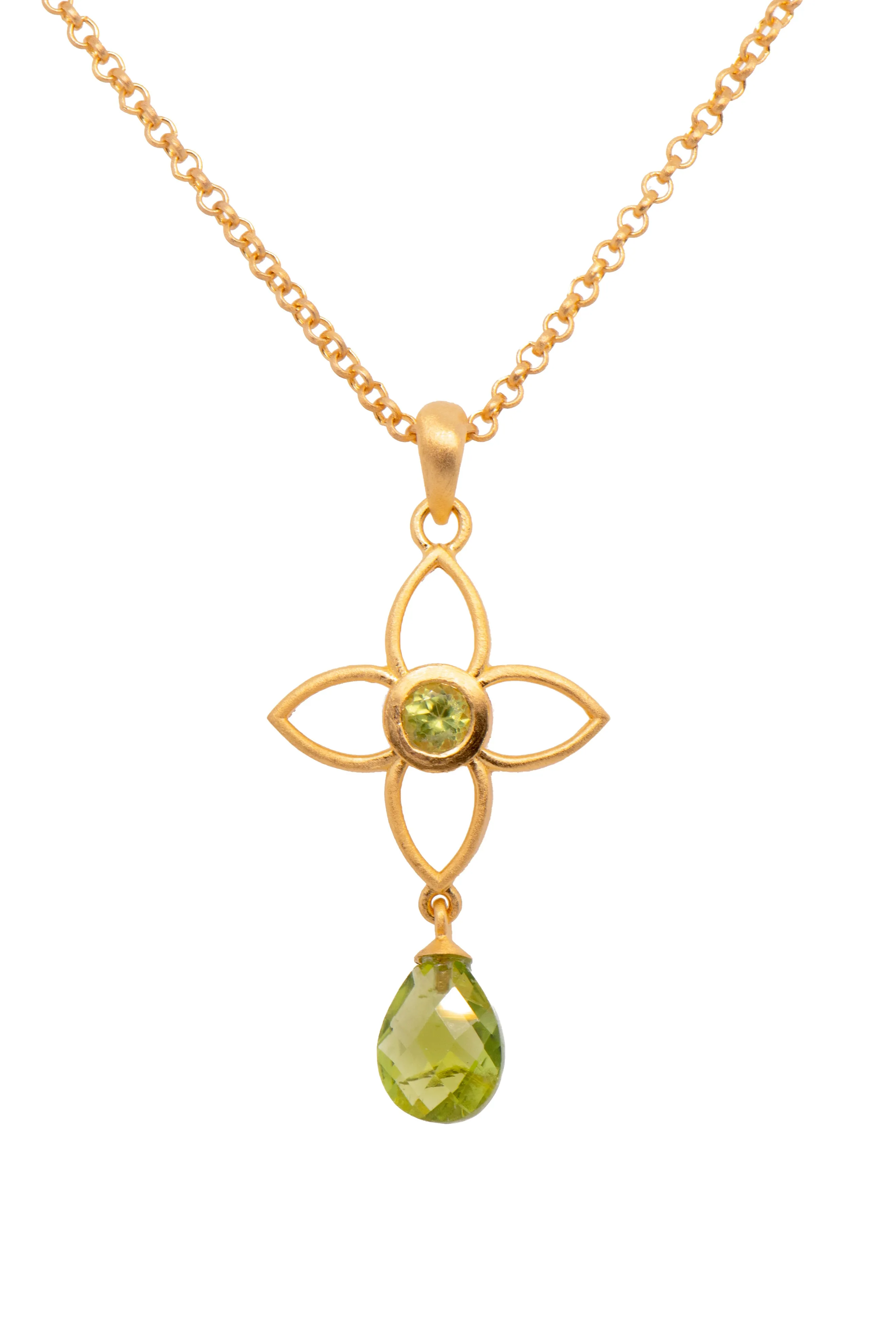 Peridot Faceted Joy Flower Pendant 20MM With Drop 24K Gold Vermeil