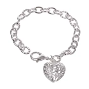 Petite Fancy Silver Puffed Heart Charm 7.5 Inch Adjustable Bracelet for Women Special Occasion Everyday Wear