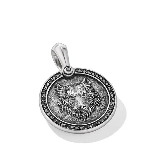 Petrvs Wolf Amulet in Sterling Silver with Black Diamonds, 30.3mm